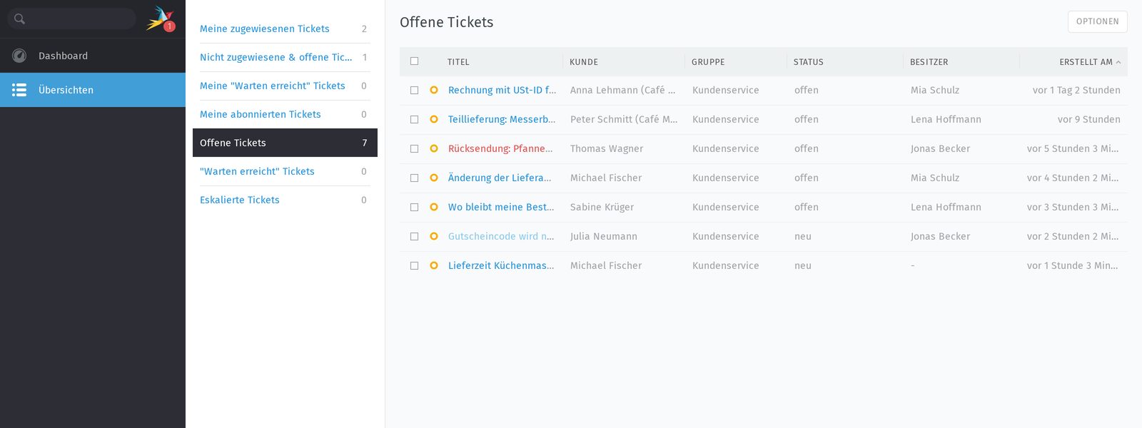 Ticketübersicht in Zammad: offene Kundenanfragen eines Online-Shops mit Status, Bearbeiter und Alter